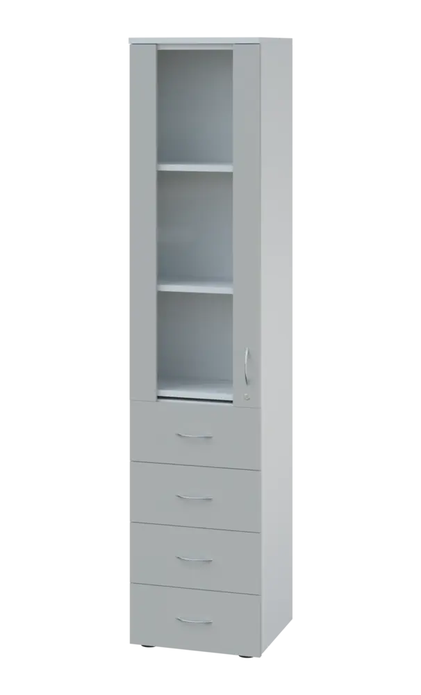 LE - 44 skříň léková prosklená, levá, korpus bílý, dvířka šedá